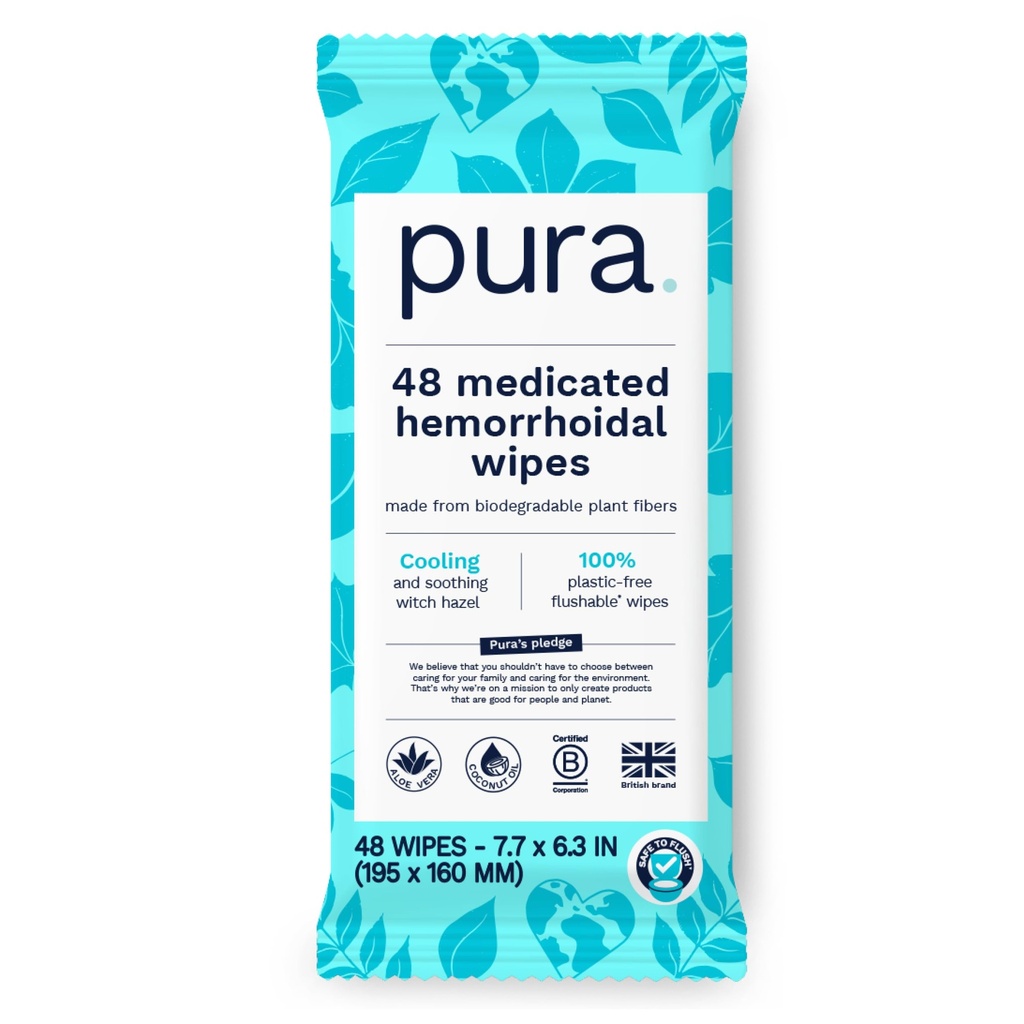 Pura Flushable Hemorrhoid Wipes XL, 48 Tel, Medicated with Cooling Witch Hazel, Aloë & Coconut Oil, Fast Relief, Fragrance-Free, 100% Plastic-Free