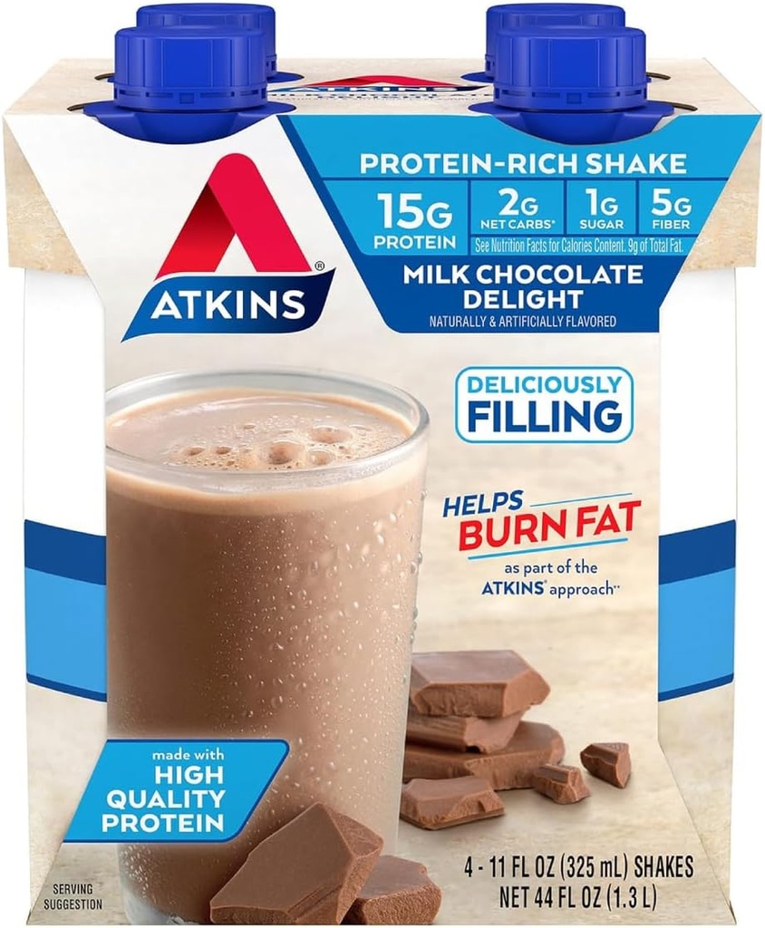 Atkins Milk Chocolate Delight Proteine Shake, 15g Proteïne, Lage Glykemie, 2g Net Carb, 1g Sugar, Keto Friendly, 4 Tellen