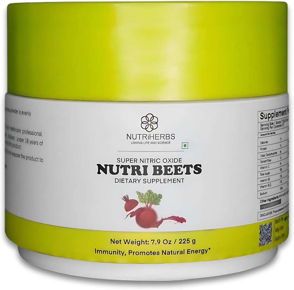 Super Nitric Oxides Nutri Beet - 225g Biologische Beetwortelpoeder, Granaatappel en rode granaatappels voor de gezondheid van het hart, energie en bloeddruk ondersteuning Cardiovasculaire Booster 30 porties