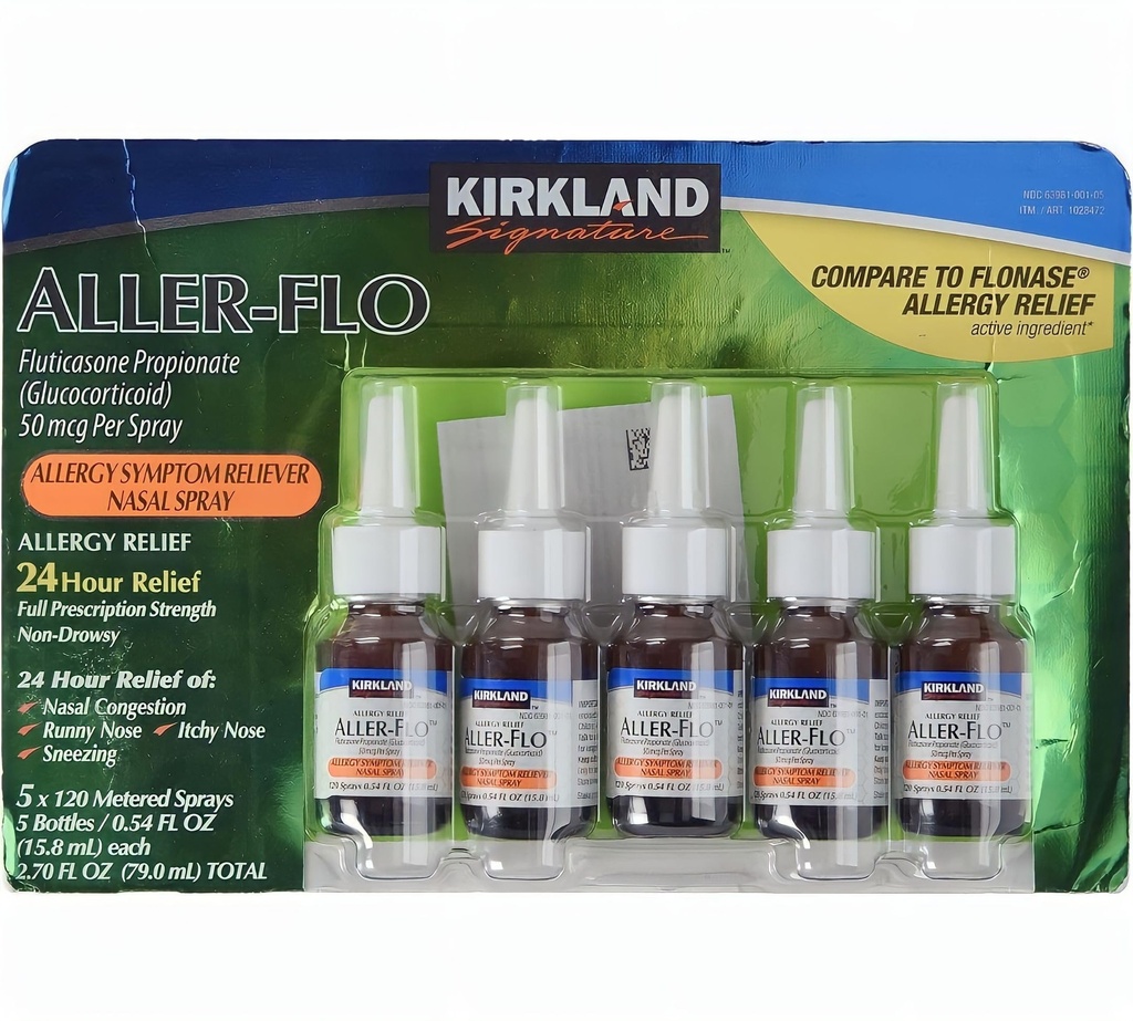 KIRKLAND Signature Aller-Flo Fluticason Propionaat (Glucorticoid) 5 Flessen x 120 Metered Sprays 0,54 Fl OZ per Fles (15,8 ml x 5) 2,70 OZ Totaal (79 ml Totaal) 600 Totaal Sprays Totaal, 1-pack