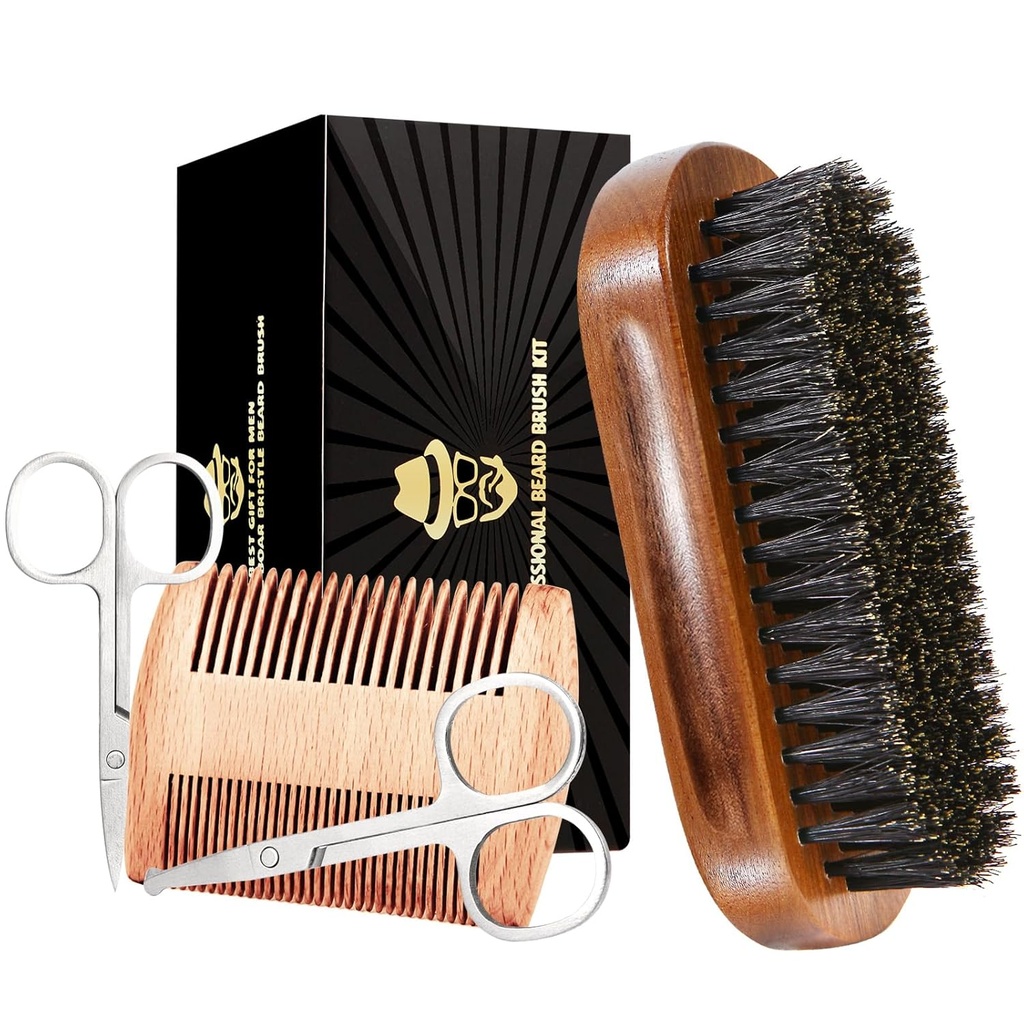 Set de grooming pour hommes - Brosse rectangulaire, Peigne, 2 ciseaux de moustache, Sac de voyage