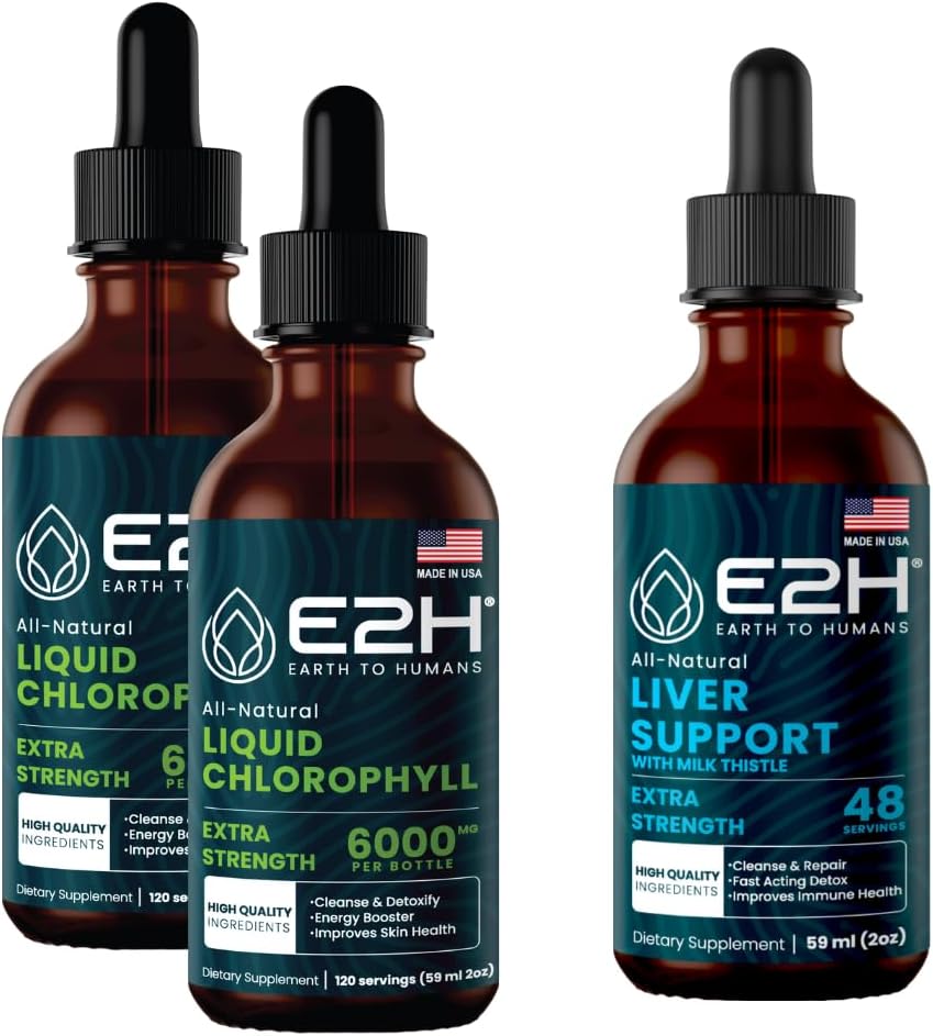 E2H: Chlorofyl Liquid Drops (2 Pack - 4 Fl Oz) en Liver Support Supplement (Single Bottle - 2 Fl Oz)