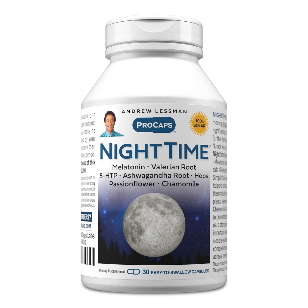 ANDREW LESSMAN Night Time 30 Capsules - 3mg Melatonine, Valeriaan, Ashwagandha, Passiebloem, Hop, kamille. Geen Morning Grogginess. Natuurlijke ondersteuning, zachte rust. Gemakkelijk te slikken capsules