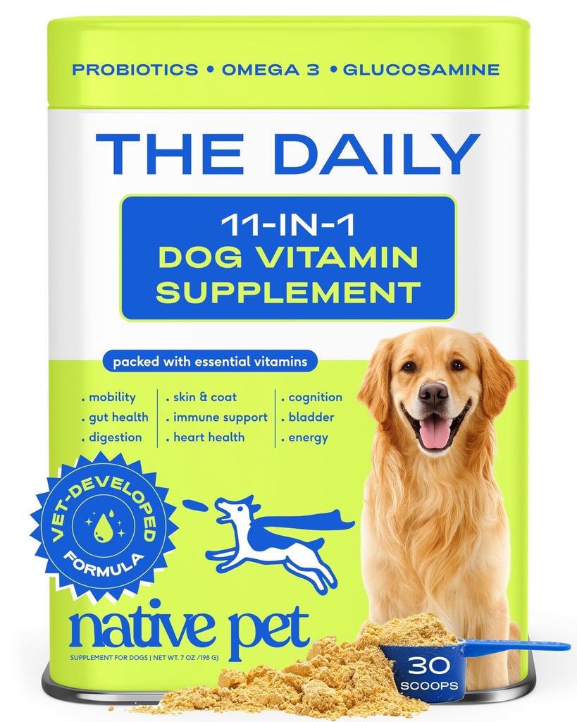 Native Pet Honden Vitaminen & Supplementen - 11-in-1 Multivitamine Poeder voor honden Voedsel Topper - Collageen, Glucosamine, Probiotica, Omega & Meer- Ondersteunt gezonde Gut, Mobiliteit & algehele gezondheid -30 scoops