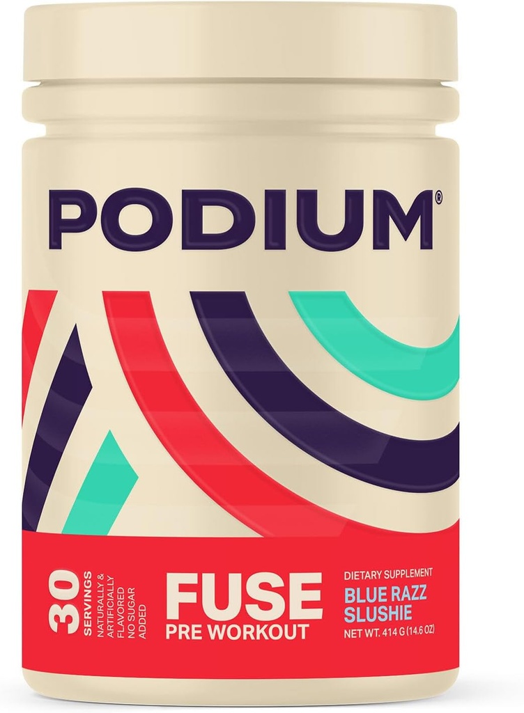 Podium Voeding, Fuse Pre Workout Powder, Blue Razz Slushie, 30 porties, Beta Alanine en Cafeïne voor energie, Glutenvrij, Sojavrij, Zuivelvrij