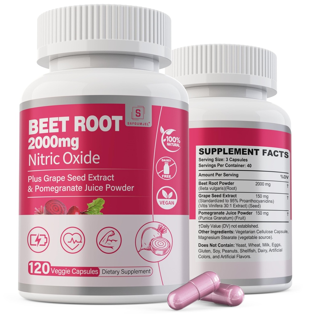 Beetwortelcapsules 2000mg Nitrikoxidesupplementen w/Druifzaadextract, Granaatappelextract ondersteunt Circulatie & Blood Flow, Energie voor mannen/vrouwen, Organische bietenpoeder, Niet GGO, 240 Tellingen