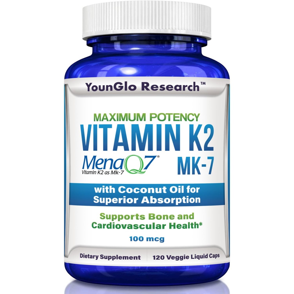 Vitamine K2 MK7 (MenaQ7) 100 mcg w/Coconut Oil for Superior Absorptie, Dietary Health Supplement, 120 Vegan Liquid Capsules to Support Bone Strength & Density for Adults Women & Men