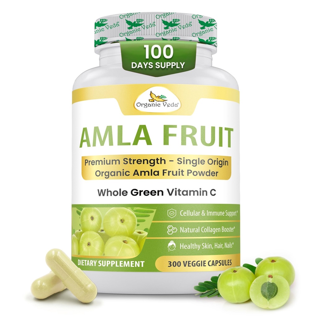 Biologische Veda Amla Capsules - 1500mg, 300 Capsules Biologische Volle Fruit Amla Poeder - Natuurlijke Vitamine C voor Immuniteit, Huidstraling, Antioxidanten - Vegan, Niet GGO, Raw Vitamine C Supplementen