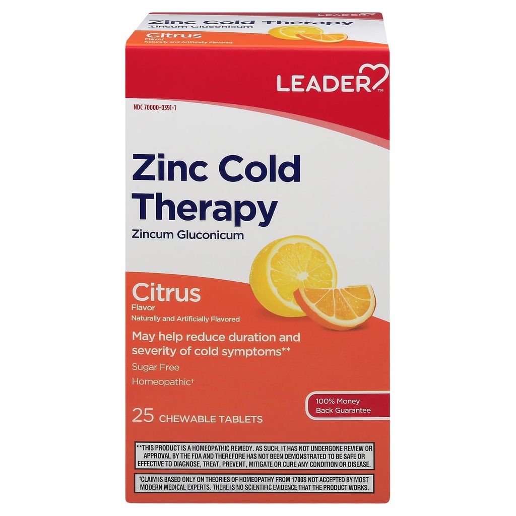 Leader Zink koude therapie Kauwtabletten, Niet-Drowsy Homeopathische Zink Supplement, Vermindert de duur en ernst van koude symptomen, Snel optredende koude Remedy, Citrus smaak, Suikervrij, 25 Tellen