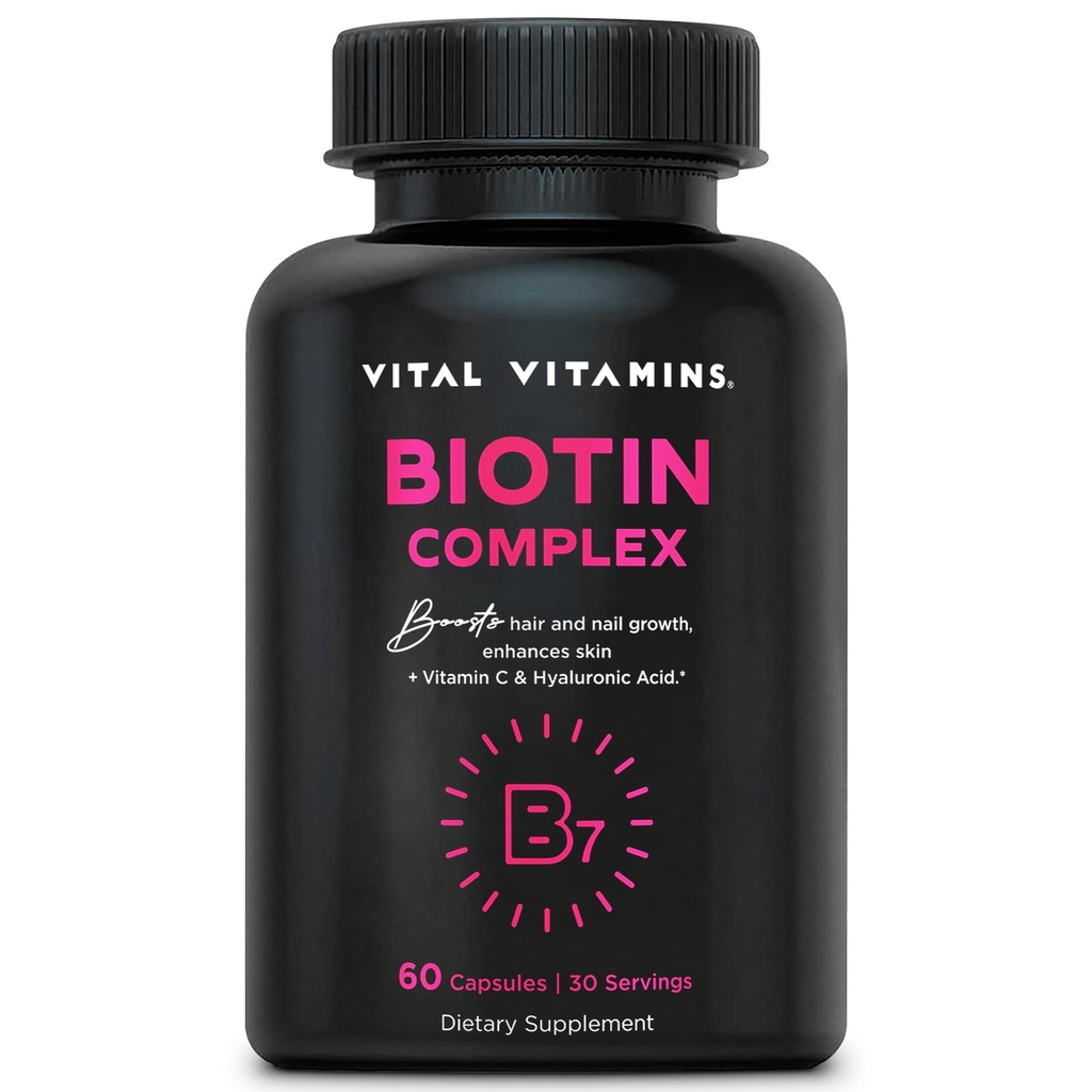 Vitale vitamines Biotin Complex Pillen - met Hyaluronzuur, MSM, Collageen, & Vitamine C - Supplement voor haar, huid, & Nails - 60 capsules