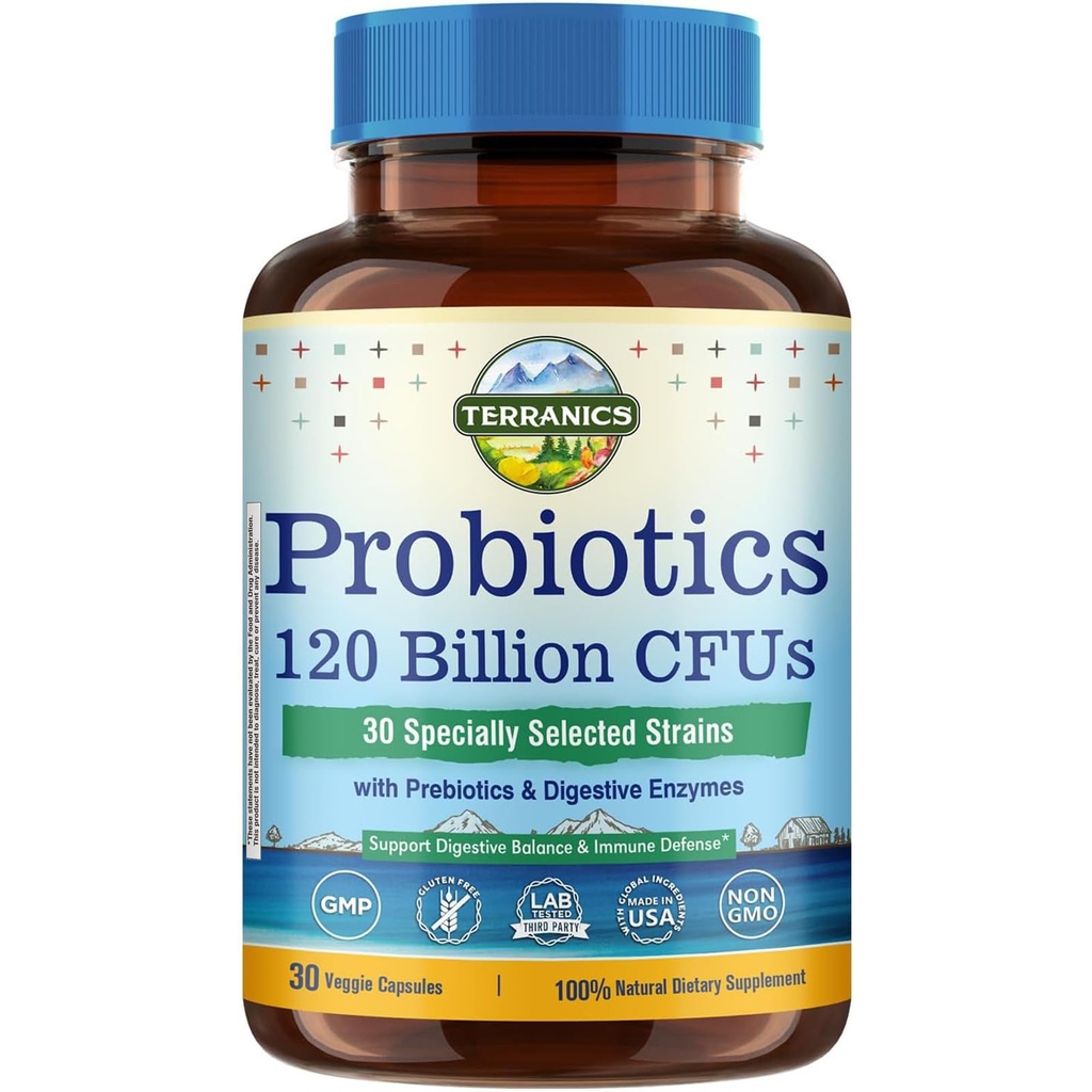 Terranics Probiotica 120 Miljard met Prebiotica & Digestieve Enzymen, 30 Tested Strains, Complete Digestie & Immune Support, Non-GMO, NO Soy, Dairy & Gluten, voor mannen en vrouwen, 30 Veggie Capsules