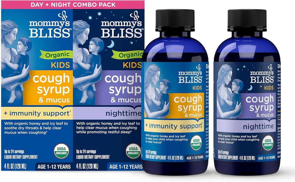 Mama's Gelukzaligheid Biologische Hoest Siroop & Slijm voor kinderen, Dag en Nacht Combo Pack met Vitamine C en Immuniteit Ondersteuning, Bevat Biologische Honing en Ivy Blad, 4 Fl Oz (Pack of 2)