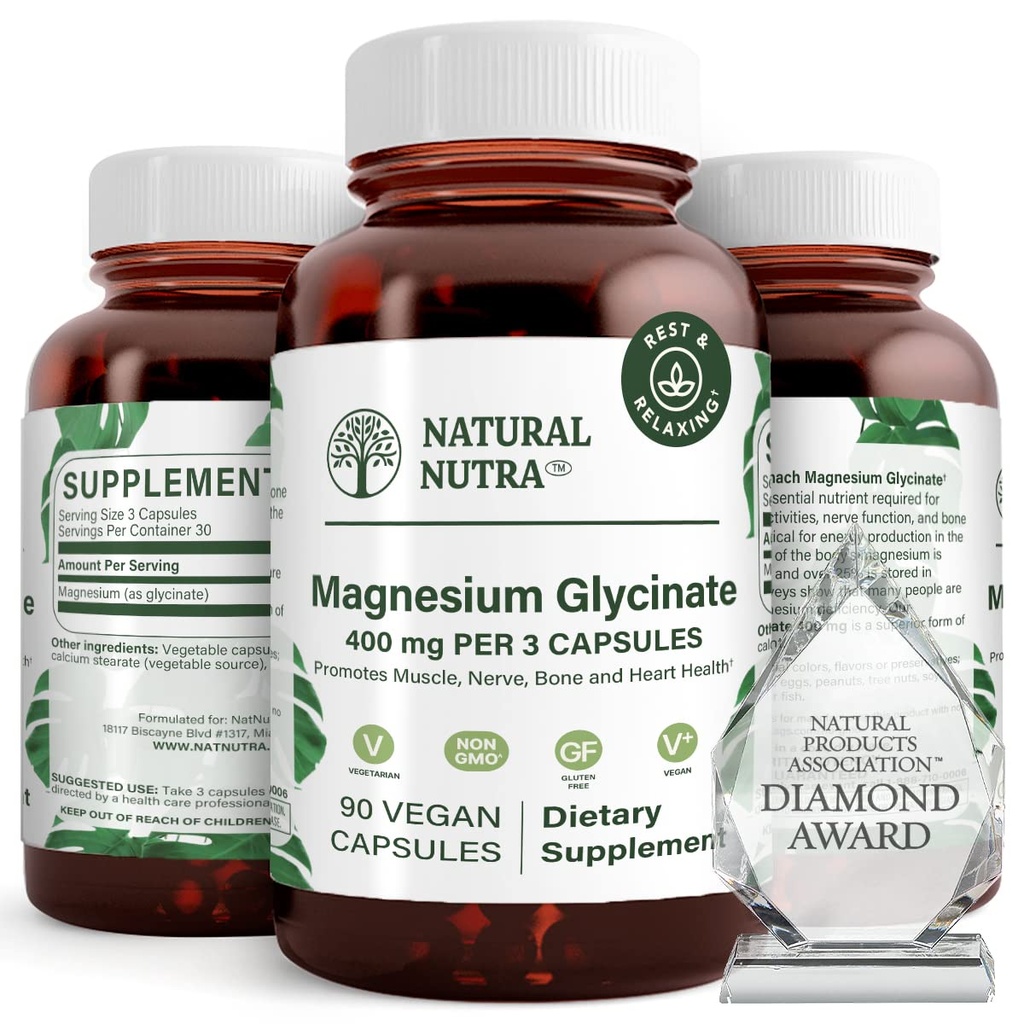Supplément naturel de 400 mg de glycine de magnésium de Nutra, favorise la santé cardiovasculaire, végétalien, aide à améliorer la santé osseuse, sans soja, 90 capsules
