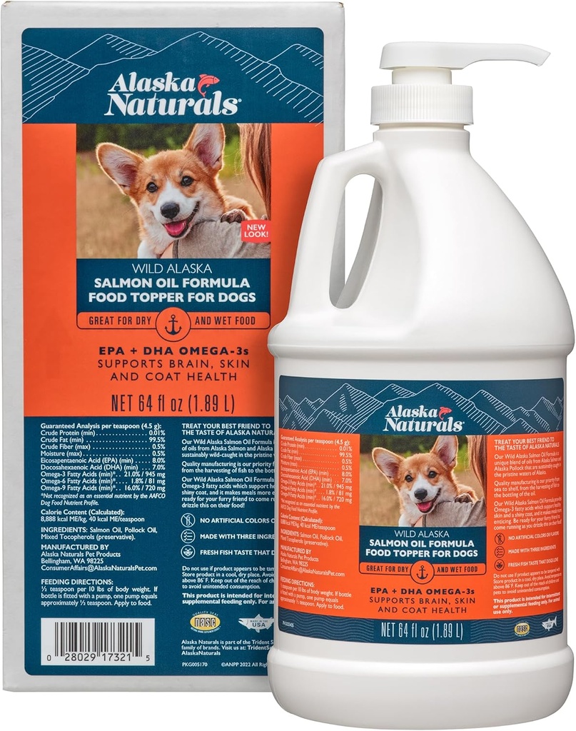 Alaska Naturals Wild Alaskan Salmon Fish Oil Supplement for Dogs Skin and Coat with EPA DHA Omega 3 Fatty Acids Liquid Food Topper 64 oz. Pump