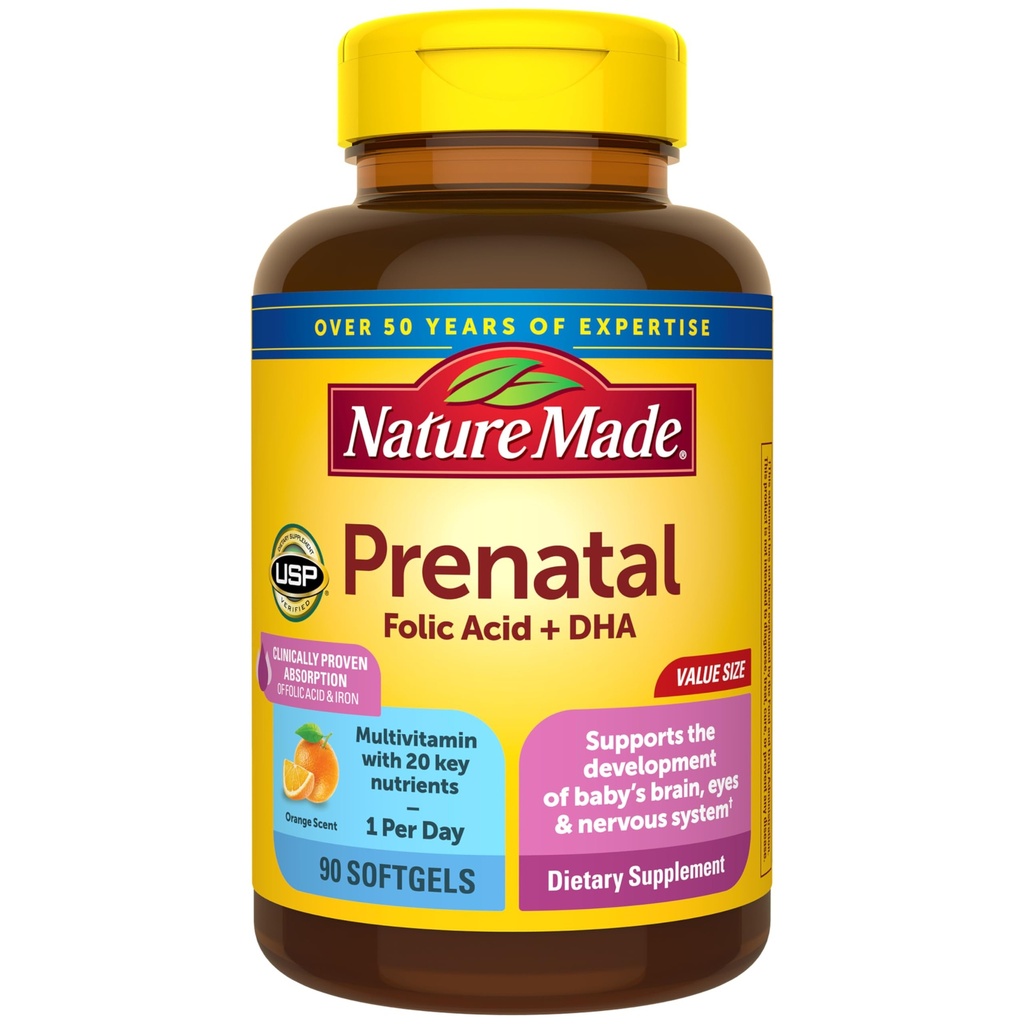 Nature Made Prenatal with Folic Acid + DHA, Prenatale Vitamine en Minerale Supplement voor dagelijkse voedingsondersteuning, 90 Softgels, 90 Day Supply