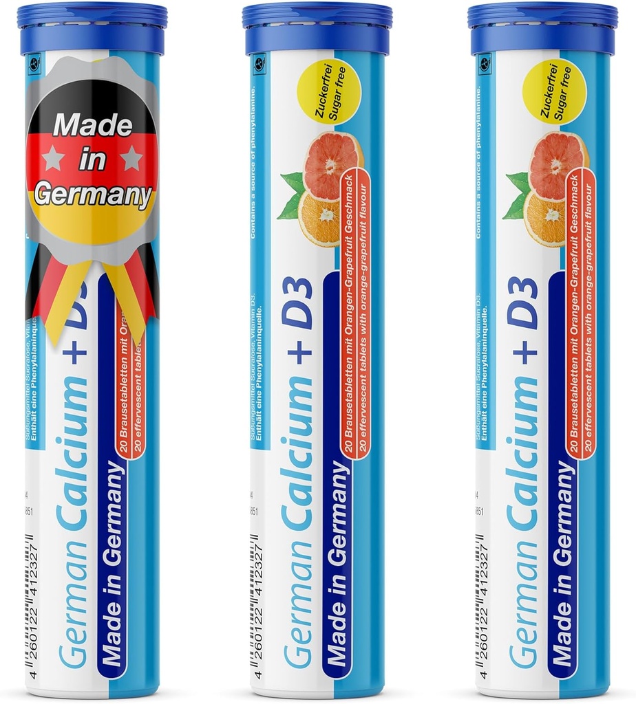 Duitse Calcium + Vitamine D Drink Bruistabletten 60 Serves Oranje-Grapefruit Smaak - 500 mg Calcium, 2,5 μg Vitamine D3 - T&D Pharma Made in Germany