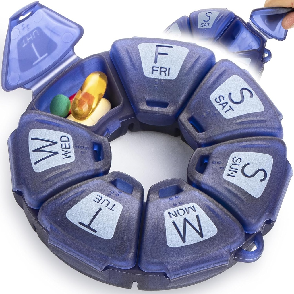 Ronde Wekelijkse Pillen Organisator, TPU Gegummaliseerde, Reizen Pillen Container 7 Dag, met 7 Grote Compartementen, Geweldig voor Dagelijkse Vitaminen & Supplementen, Leuke Pill Case met Grote Letters en Braille (Blauw)