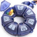 Ronde Wekelijkse Pillen Organisator, TPU Gegummaliseerde, Reizen Pillen Container 7 Dag, met 7 Grote Compartementen, Geweldig voor Dagelijkse Vitaminen & Supplementen, Leuke Pill Case met Grote Letters en Braille (Blauw)