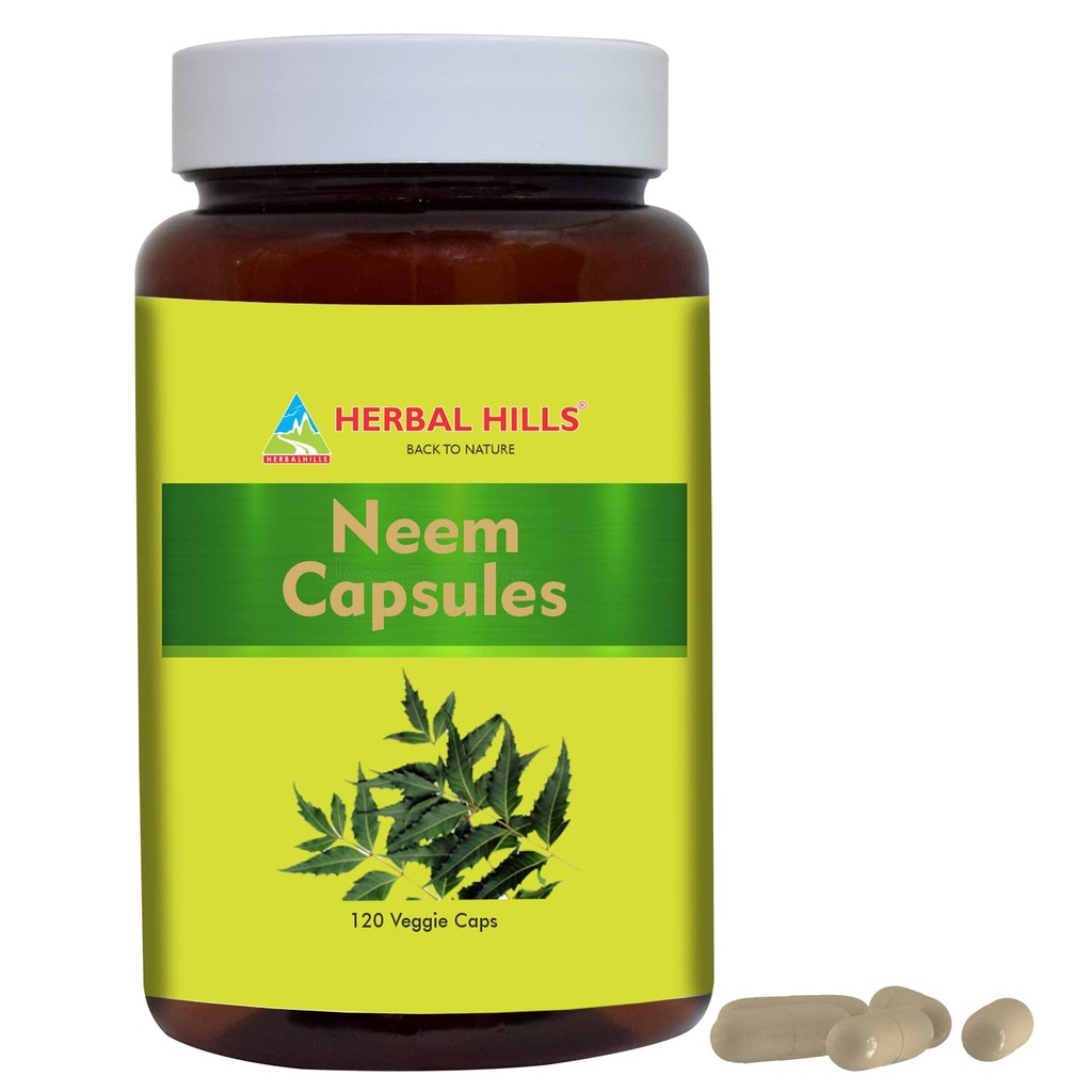HERBAL HILLS Neem Capsules 120 Vegie Capsules Neem Leaf Azadirachta Indica 700 mg Poeder en Extract Blend in a Capsule