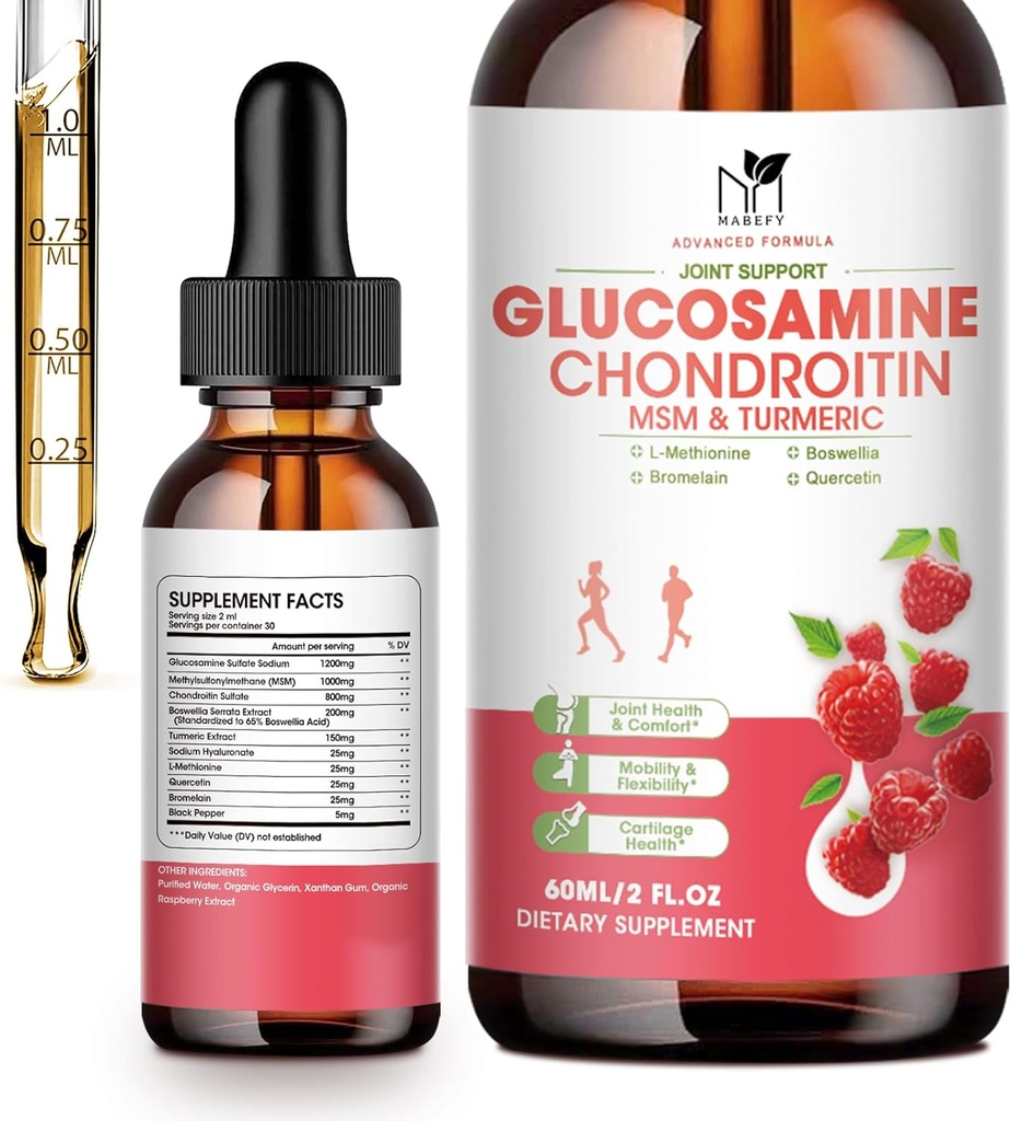 Glucosamine Chondroitin MSM Liquid Drops-w/ Turmeric Boswellia Quercetin Bromelain-Vegan, Antioxidant Ondersteuning voor Back, Knie, Hands-Joint Support Supplement ondersteunt gezonde gewrichten, Mobiliteit & Cartilage