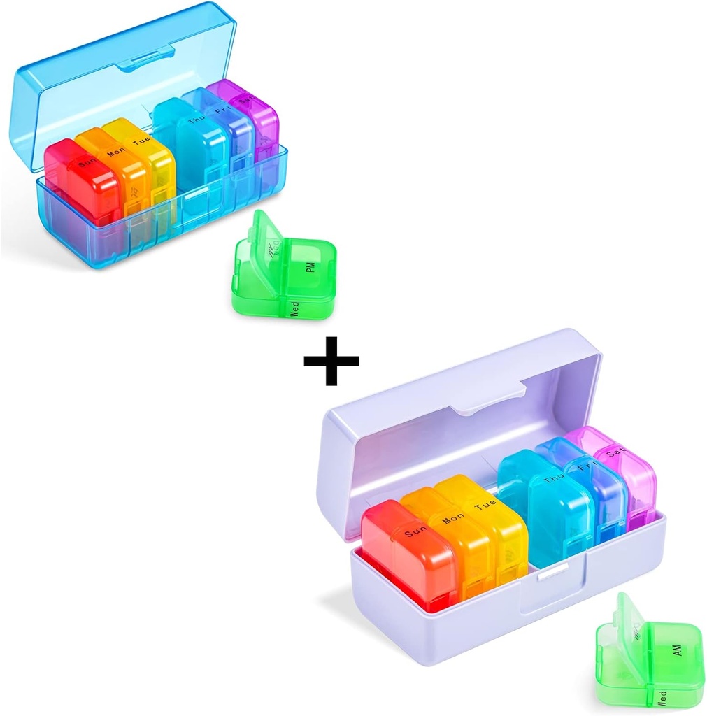 Organisateur hebdomadaire de pilules Zoksi 2 fois par jour, Arc-en-ciel 7 jours Pm Pill Box, Daily Am Pm Pill Organisateur 7 jours, Portable Vitamine Pill Case, Weekly Pill Box for Fish Oils, Vitamine, Supplément (2 Pack)