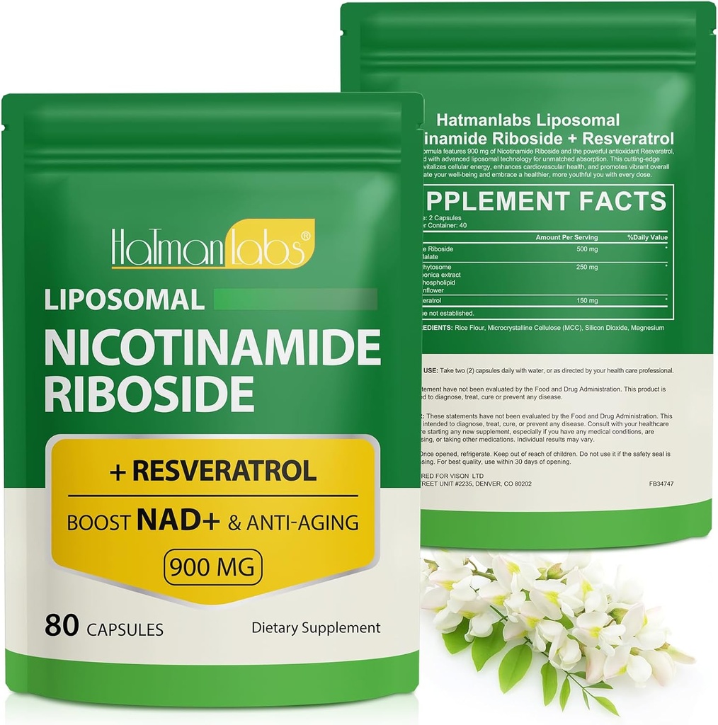 NAD-supplement, liposomaal NAD+ Supplement met Nicotinamide Riboside Resveratrol Ondersteuning Cellulaire gezondheid, uithoudingsvermogen en gezonde veroudering - 80 capsules