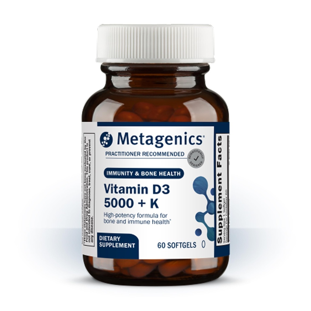 Métagène Vitamine D3 + K - pour la santé des artères, le soutien immunitaire, la santé des os et du coeur* - Vitamine D avec MK-7 (Vitamine K2) - Non-OGM - Sans gluten - 60 softgels - 5 000 UI