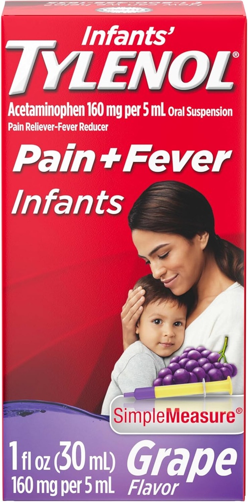 Tylenol de bébé Suspension orale Médecine liquide avec acétaminophène, réducteur de fièvre infantile et soulagement de la douleur pour les douleurs et les douleurs mineures, la gorge douloureuse, les maux de tête et de dents, l'arôme de raisin, 1 fl. Oz