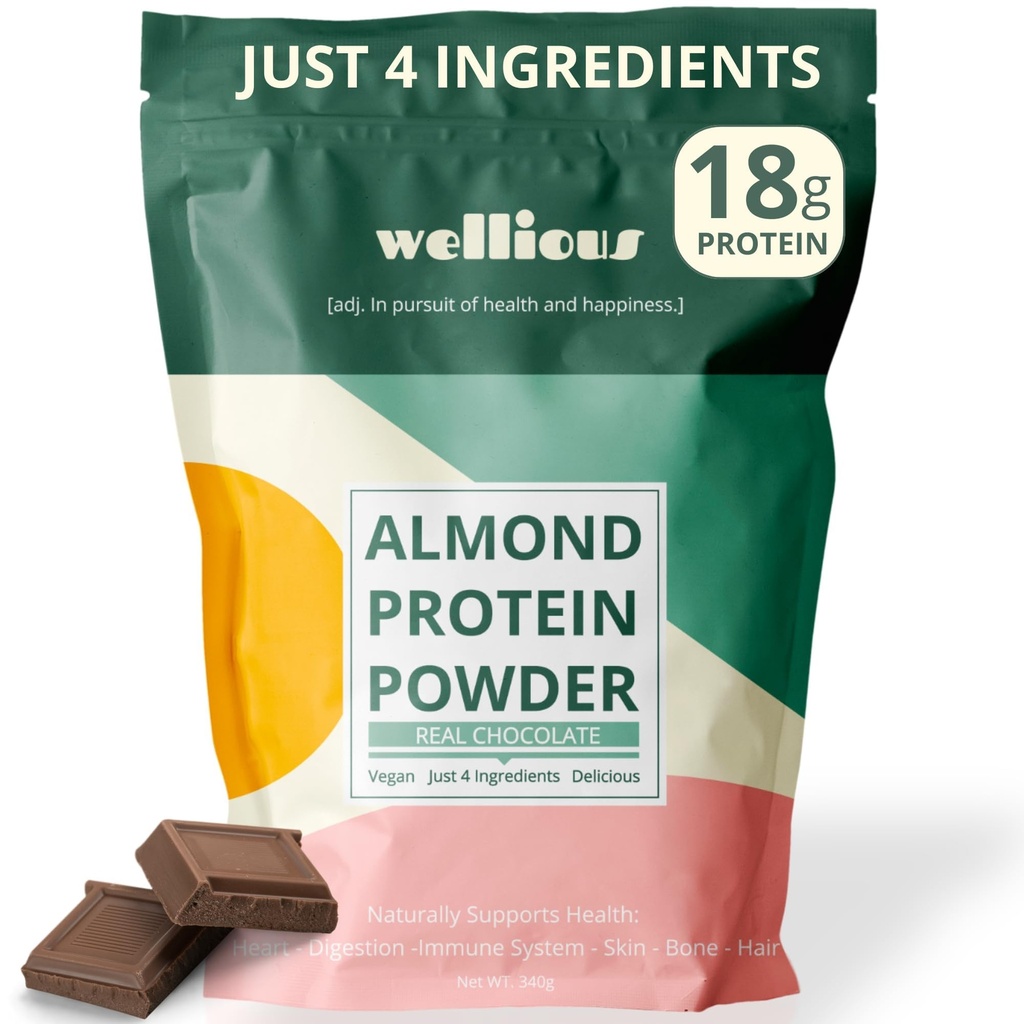 Wellious Amandel Proteïne Poeder (Chocolaat) - 18 Gram Pure Healthiest Vegan Protein for Women & Men - Perfect Glutenvrij, Soy-Free & Smooth Gut Friendly Protein Powder for Sports Nutrition