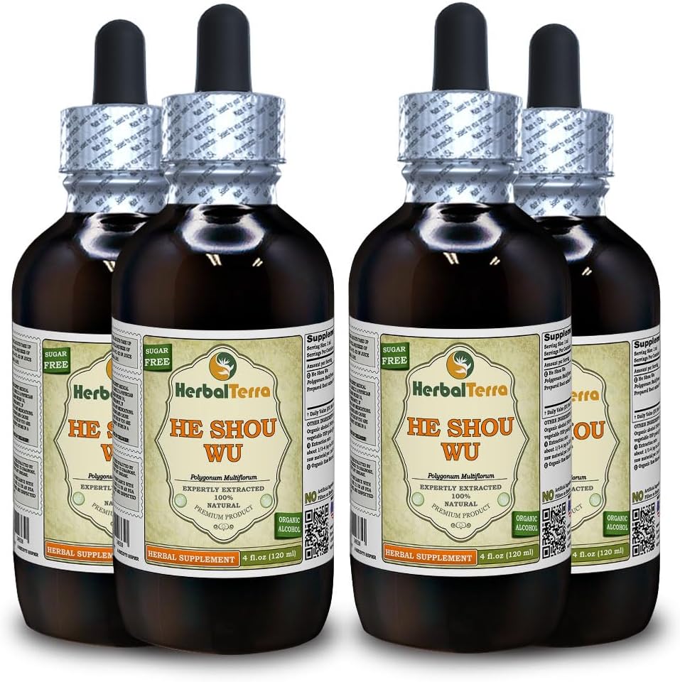 Hij Shou Wu, Fo Ti (Polygonum Multiflorum) Tinctuur, Organisch gedroogd bereid Root Liquid Extract (Grote Naam: HerbalTerra, Trots Made in USA) 4x4 fl.oz (4x120 ml)