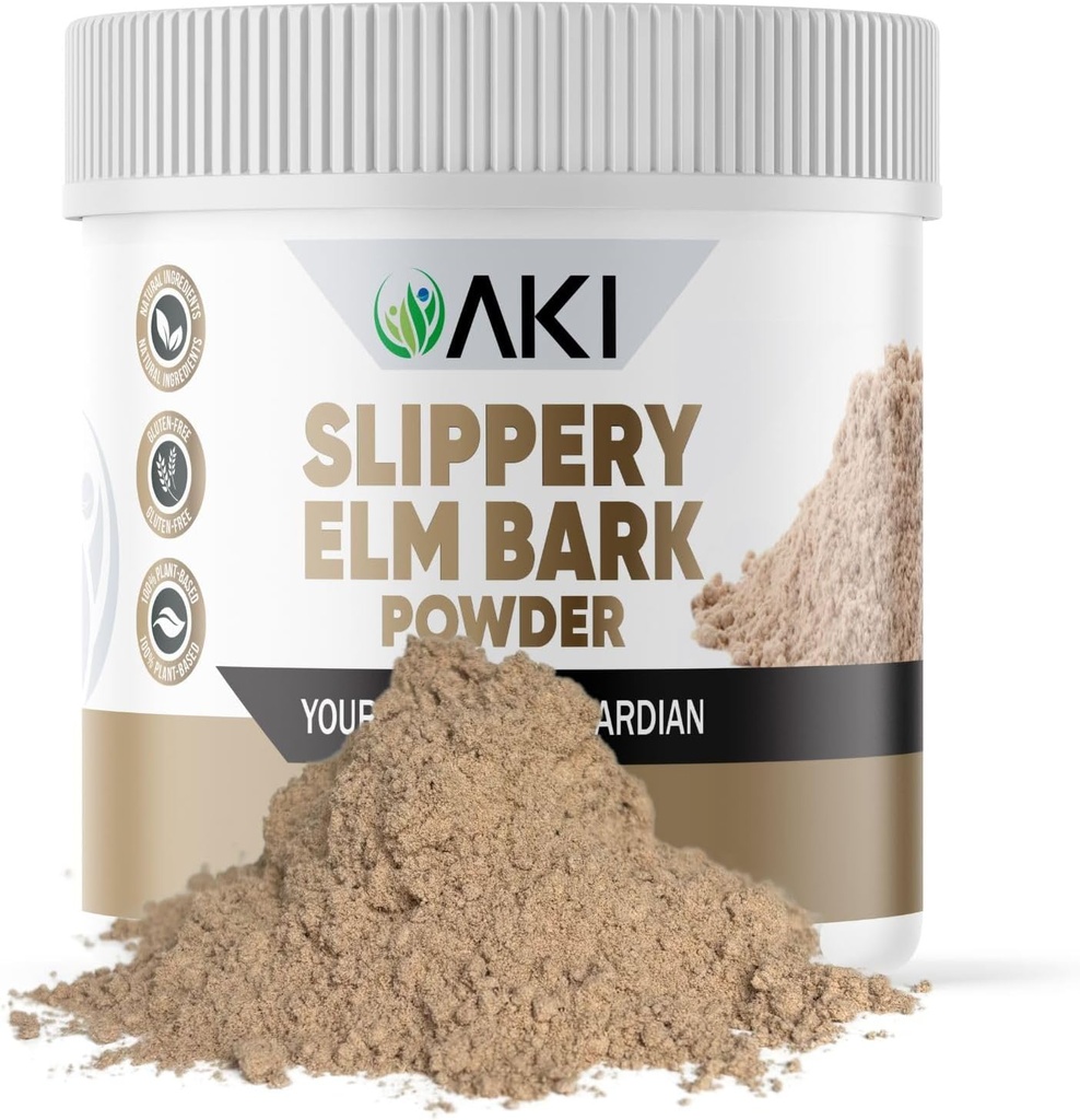 Poudre d'écorce d'orme de sliperie AKI - Protéines végétales, remède apaisant pour le bien-être digestif et le confort de la gorge - Vegan-friendly, sans gluten, sans OGM et sans additifs artificiels (4oz/113g)