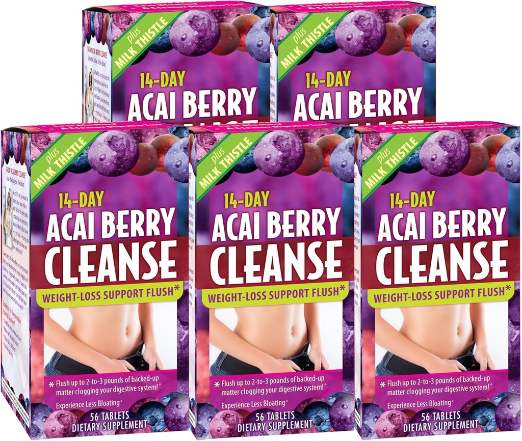 Nutrition appliquée Nettoyage des baies d'açai de 14 jours - 56 comprimés, boîte de 5 - Soutien de perte de poids Flush + chardon de lait - 140 portions totales