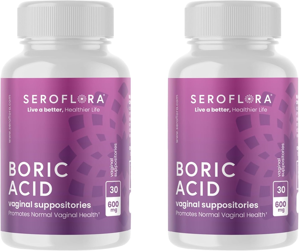 Seroflora Boorzuur Vaginale Suptinitories 600 mg - Boric Acid Pillen voor Vrouwen - Intieme Gezondheid pH-balans - Ondersteunt Vaginale Odor Control (30ct, 2 flessen) Made in USA.