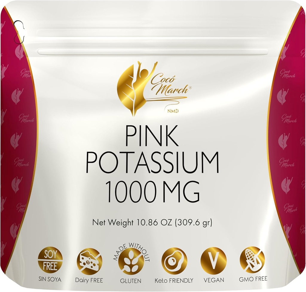 Cocó March N.M.D. Roze Kaliumpoeder - Ondersteunt de gezondheid van het hart, spierfunctie en botgezondheid. Glutenvrij, Zuivelvrij, Non-GMO, Sojavrij, Veganistisch, Keto Vriendelijk - 10,86 Oz (309,6 g)