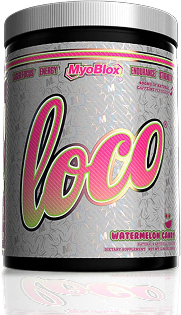 MyoBlox LOCO® Pre-Workout Booster à oxyde nitrique (en anglais seulement) prend en charge les pompes musculaires et la vascularité améliorée (en anglais seulement) pour l'énergie, la concentration et l'intensité (en anglais seulement) 400mg de caféine naturelle par scoop (Watermelon Candy)