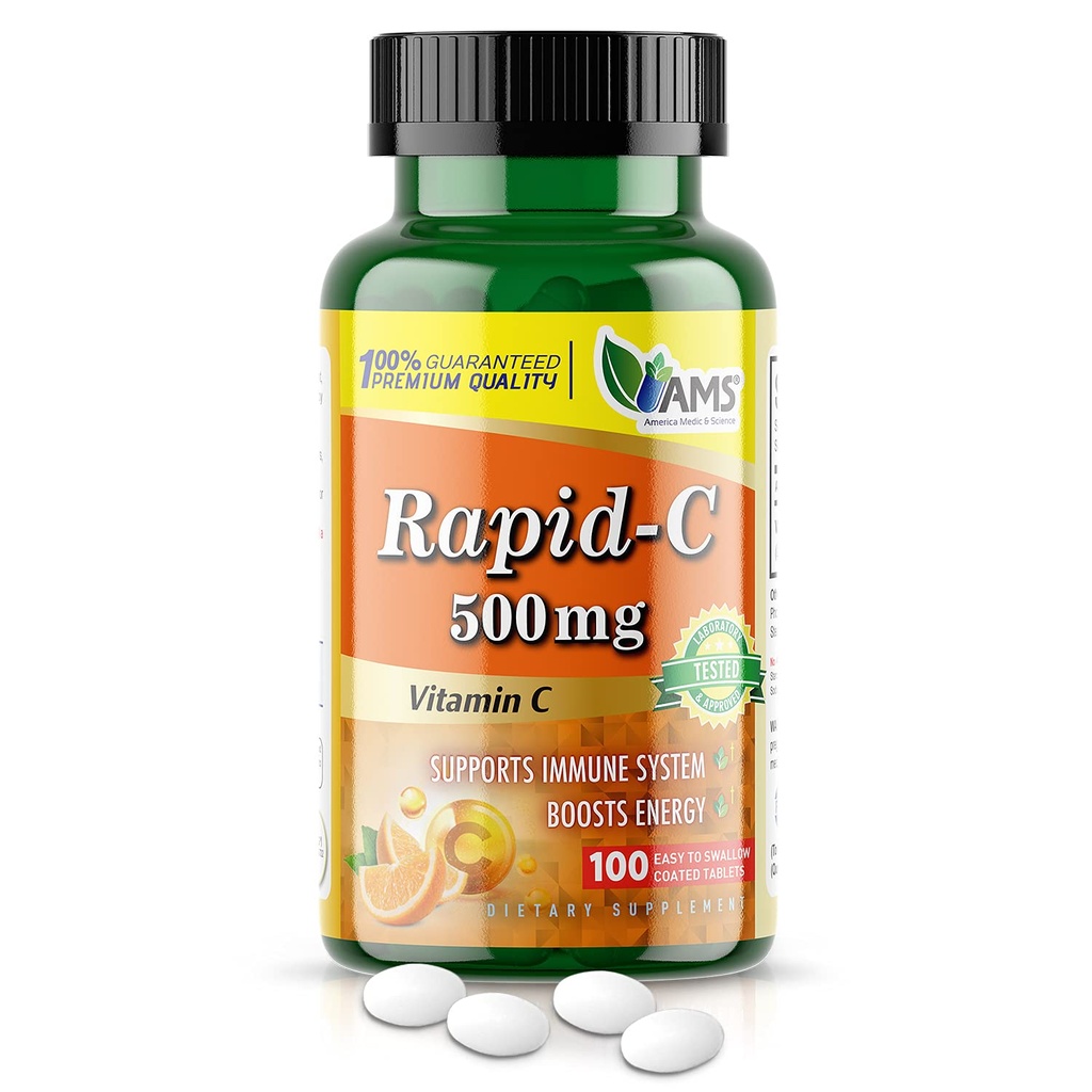 America Medic & Science Rapid-C 500mg supplément de vitamine C (1 paquet de 100 comprimés) Booster d'énergie, soutien quotidien du système immunitaire, antioxydant.