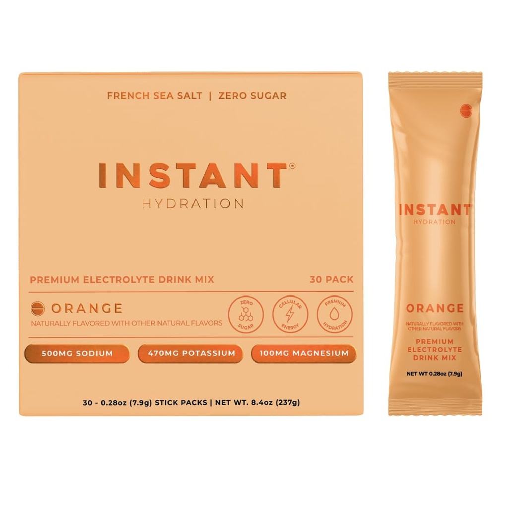 Hydratation instantanée Electrolytes Powder Packets - Citrus Orange Drink Mix - Zéro Sucre - Keto, végétalien, sans gluten, non-OGM - Boost Recovery, Crain Health, Muscle & Tissue Support- 30 bâtons