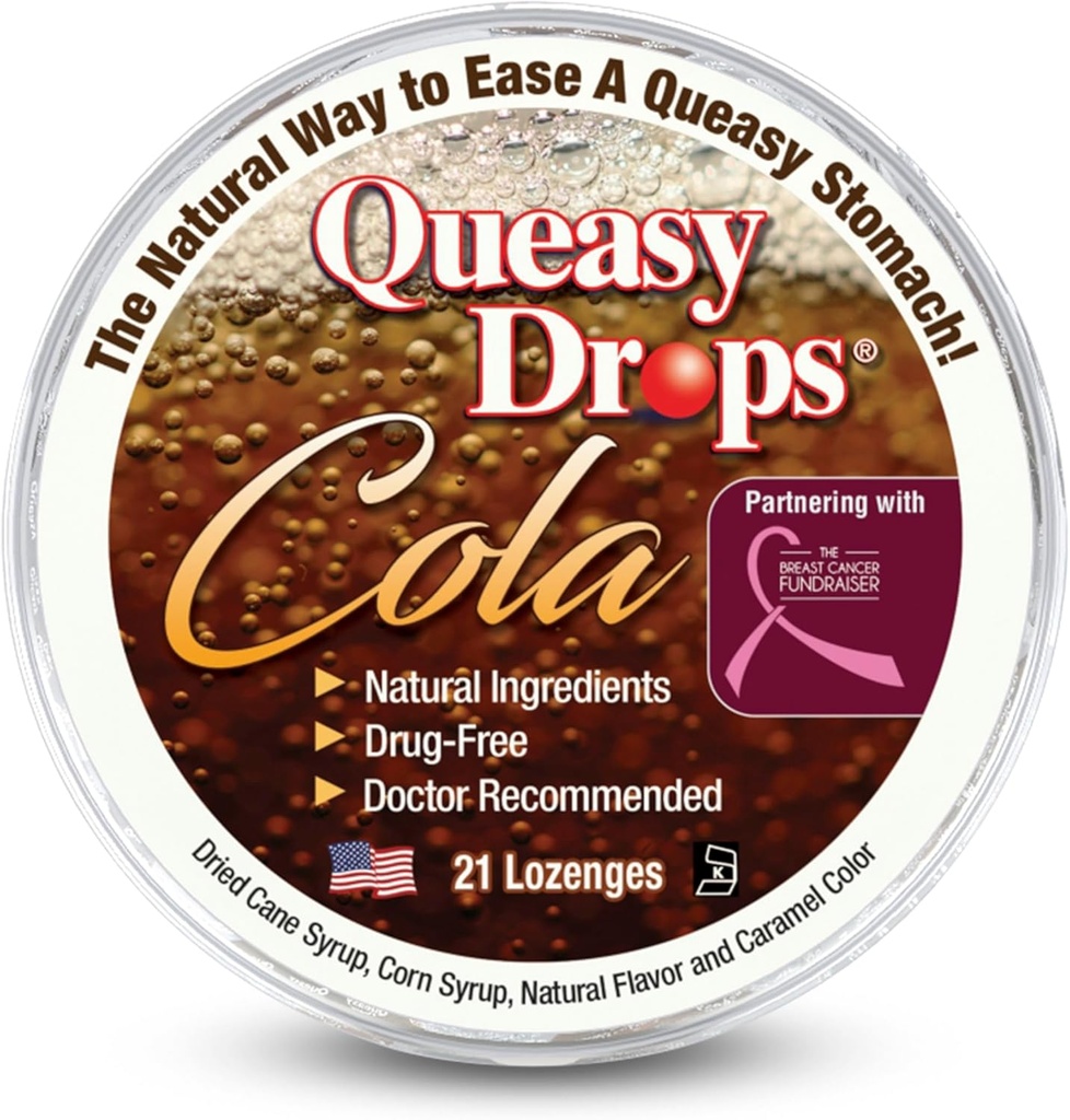 Drie Lollies Queasy Drops - Cola smaak - Verlichting van misselijkheid en reisziekte, Verzacht een droge mond en rust maag - natuurlijke ingrediënten - 21 ct