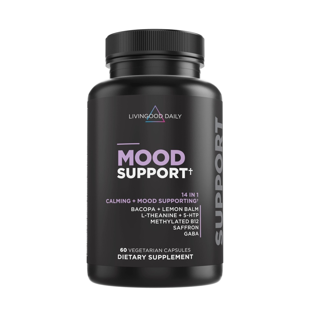 Livingood Daily Mood Support Supplement voor vrouwen en mannen, 14-in-1 Formule met L Theanine, Lemon Balm, GABA, Saffron, 5-HTP & B12, ondersteunt Focus & Emotionele Wellness, Glutenvrij, Veganistisch, 60 Capsules