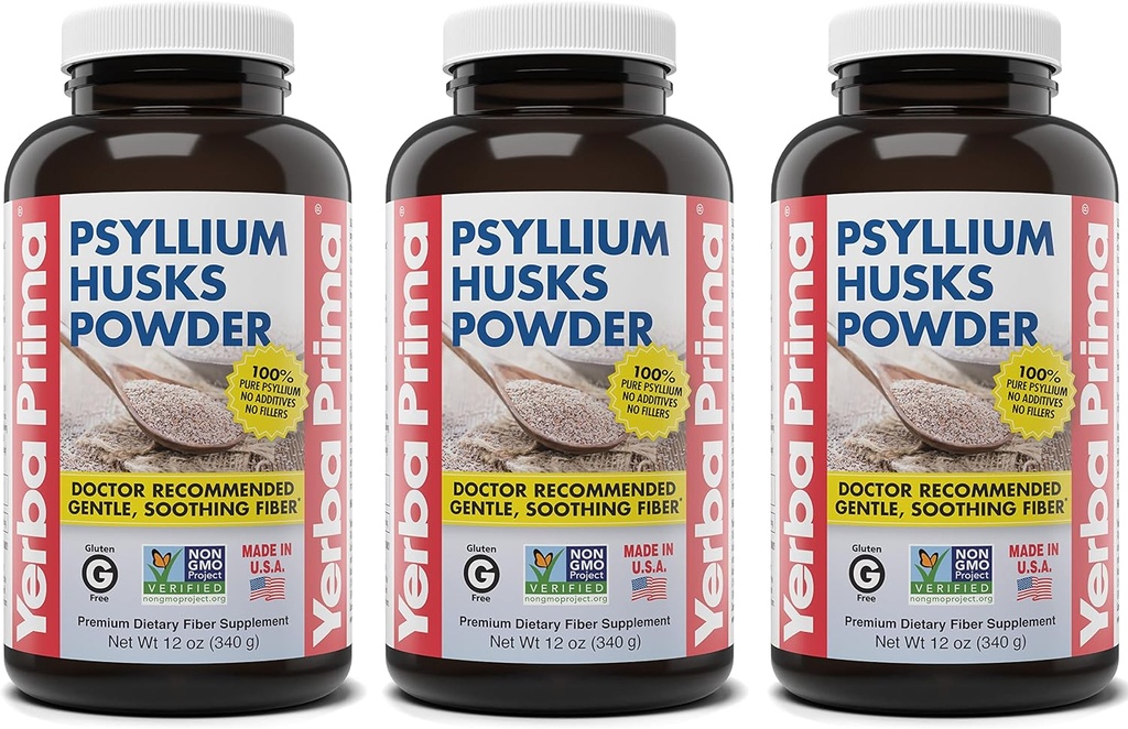Yerba Prima Psyllium Husks Powder - 12 oz (pakket van 3) - Natural Fiber Supplement - Colon Cleansing - Vegan, Non-GMO, Gluten-Free (New Label - Packaging May Vary)