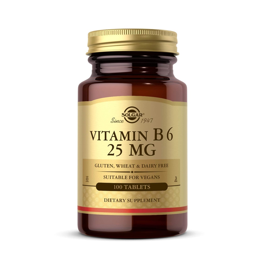 Solgar Vitamine B6 25 mg, 100 tabletten - Ondersteunt energie Metabolisme, hartgezondheid en gezond zenuwstelsel - B Complex Supplement - Veganistisch, glutenvrij, zuivelvrij, Kosjer - 100 porties