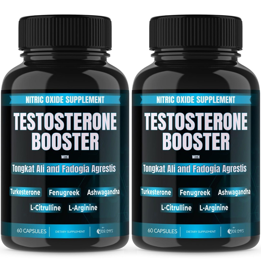 Dr. Emy's (2 Pack Testosteron Booster-Tongkat Ali Fadogia Agrestis Nitric Oxide Ashwagandha Supplement voor mannen met L Arginine Citrulline Fenegriek - Turkesterone Pre Workout Pump (120 capsules)