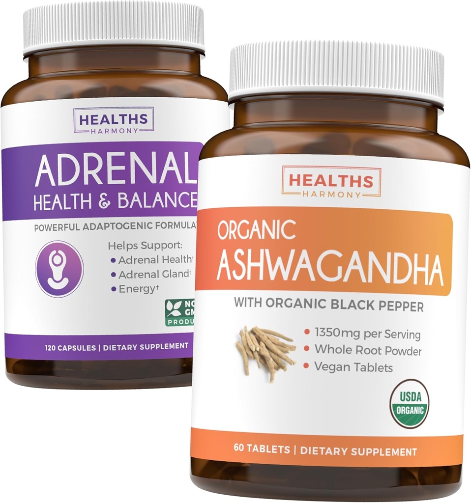 Adrenal & Ashwagandha (1-maand supply) Kalm & Energize Bundle - Adrenal Support with L-Tyrosine (120 Capsules) & USDA Organic Ashwagandha 1350mg Ashwagandha Root Powder per Serve (60 Capsules)