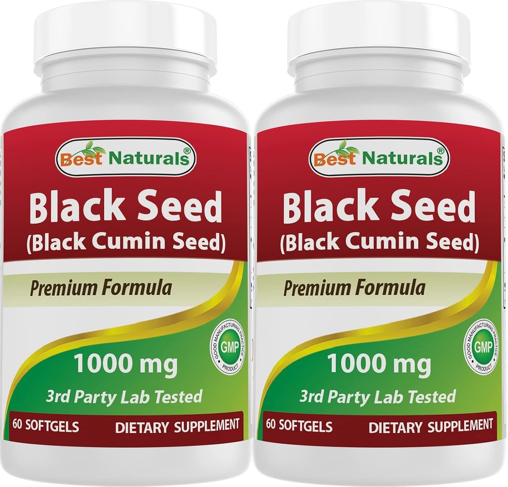 Best Naturals 2 Packs Black Seed Oil Capsules 1000 mg (Non-GMO) Nigella Sativa - 100% Cold Pressed Black Cumin Seed Oil Pillen bevat Thymoquinonoe 60 Telling (Total 120 Softgels)