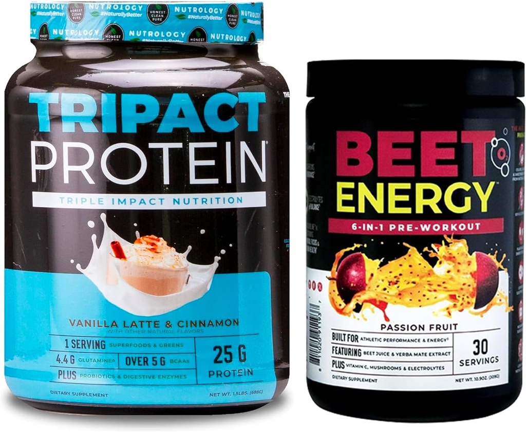 Nutrologie Beet Natural O2, Poudre de pré-entraînement, Saveur de fruits de passion (30 portions) Poudre de protéines TRIPACT, 7-en-1 Remplacement des repas, Vanilla Latte Cinnamon Saveur (20 portions)