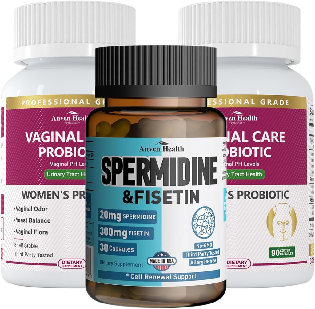 Groupe santé des femmes : 2 bouteilles de probiotiques vaginaux + 1 bouteille de spermidine et de fisétine – Santé vaginale, Gut et immunitaire + Renouvellement cellulaire et soutien anti-âge