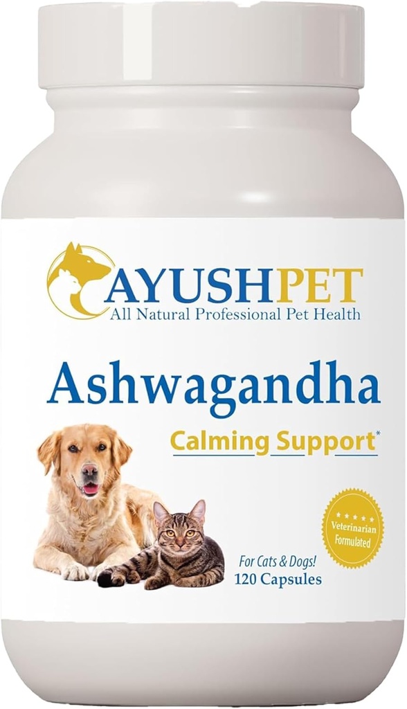 Ayush Pet Ashwagandha Capsules voor honden en katten - Biologische Ashwagandha Root Extract voor Kalm en Dagelijks Balance, Adaptogene Wellness Supplement voor Huisdieren, 500mg per capsule - 120 Tel.