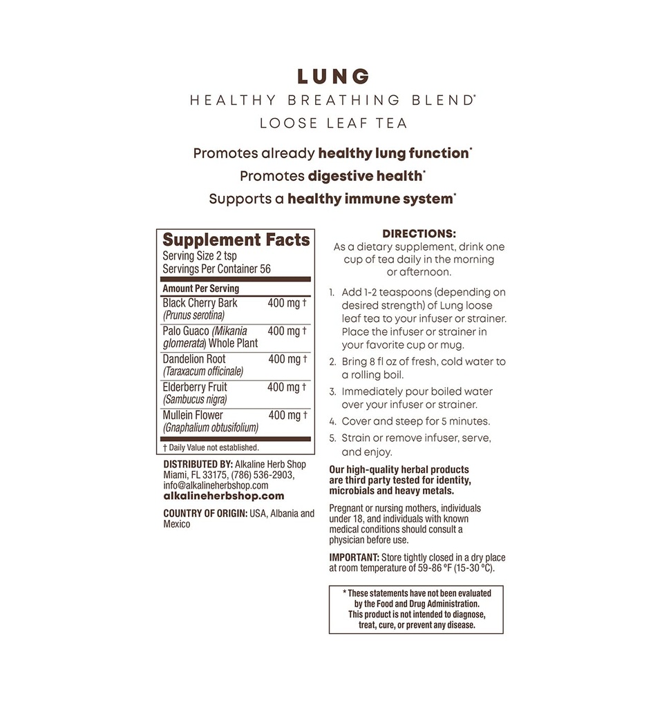 Alkaline Herb Shop - Happy Lung Tea Supplement - Made with Natural Wildcrafted Herbs - Mullein, Vlierbes, Dandelion Root, Wild Cherry Bark. & Guaco - Vegan - Gluten-Free - 4 Oz Loose Leaf Herbal Tea