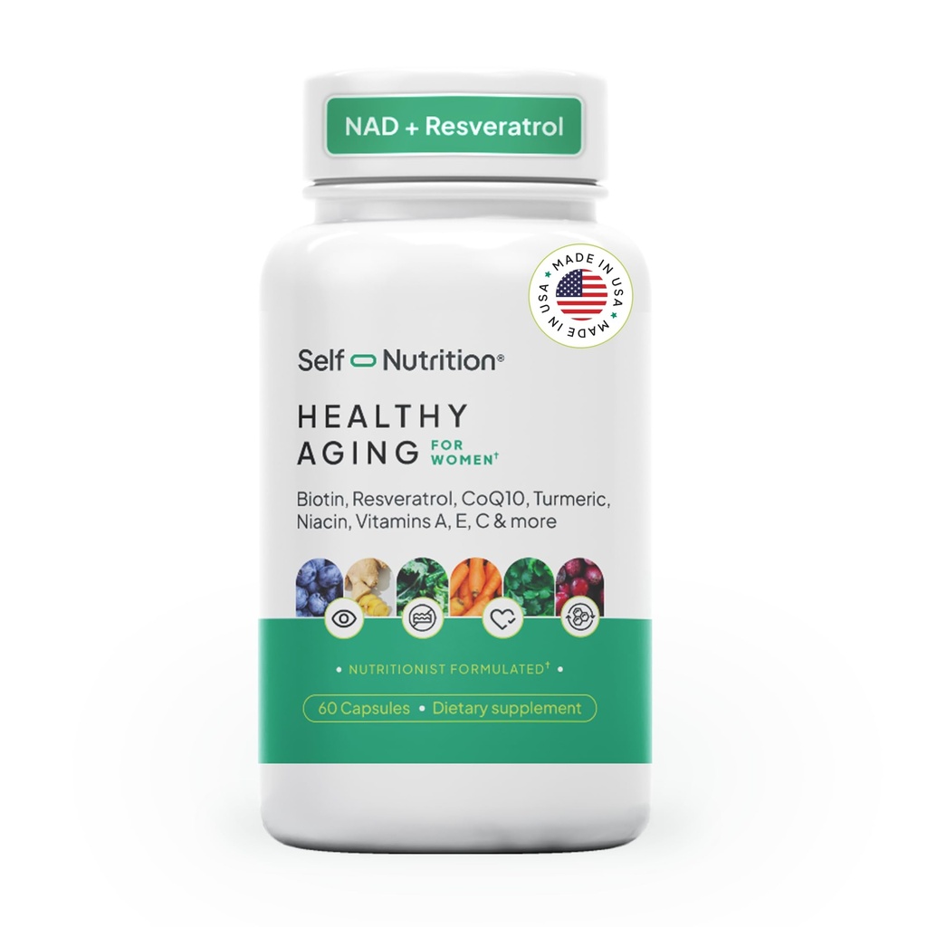 Gezond Aging Supplement voor vrouwen - Resveratrol, NAD, Collageen Booster, Biotine, Hyaluronzuur & Meer. Cellular Health, Beauty, Longevity - USA, Vegan, 60 Capsules.