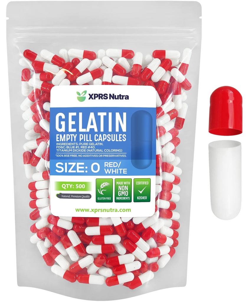 XPRS Nutra Taille 0 Capsules vides - 500 Compte Capsules de gélatine vides - Pills Bricolage Capsule Remplissage - Pure Pilule Gel Caps pour Do-It-Youlf Suppléments (Rouge/Blanc)